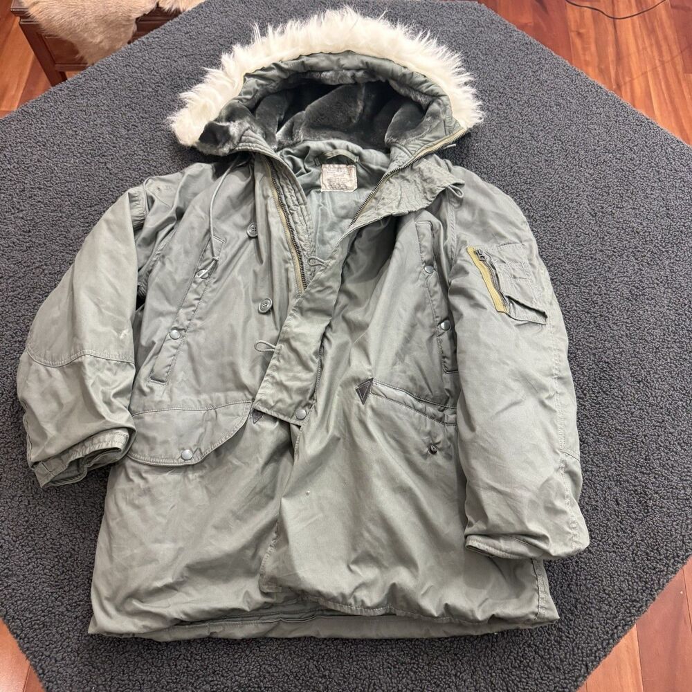 Vintage Military Jacket Men Large Green Type N3B Parka Fur Hood 1980’s